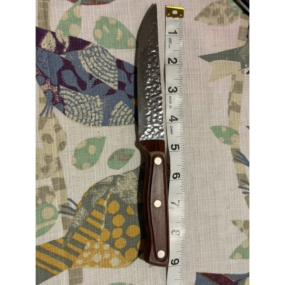 Hammered Stainless Steel Steak Knife Serrated Blade Wood Handle Full Tang 8.75in